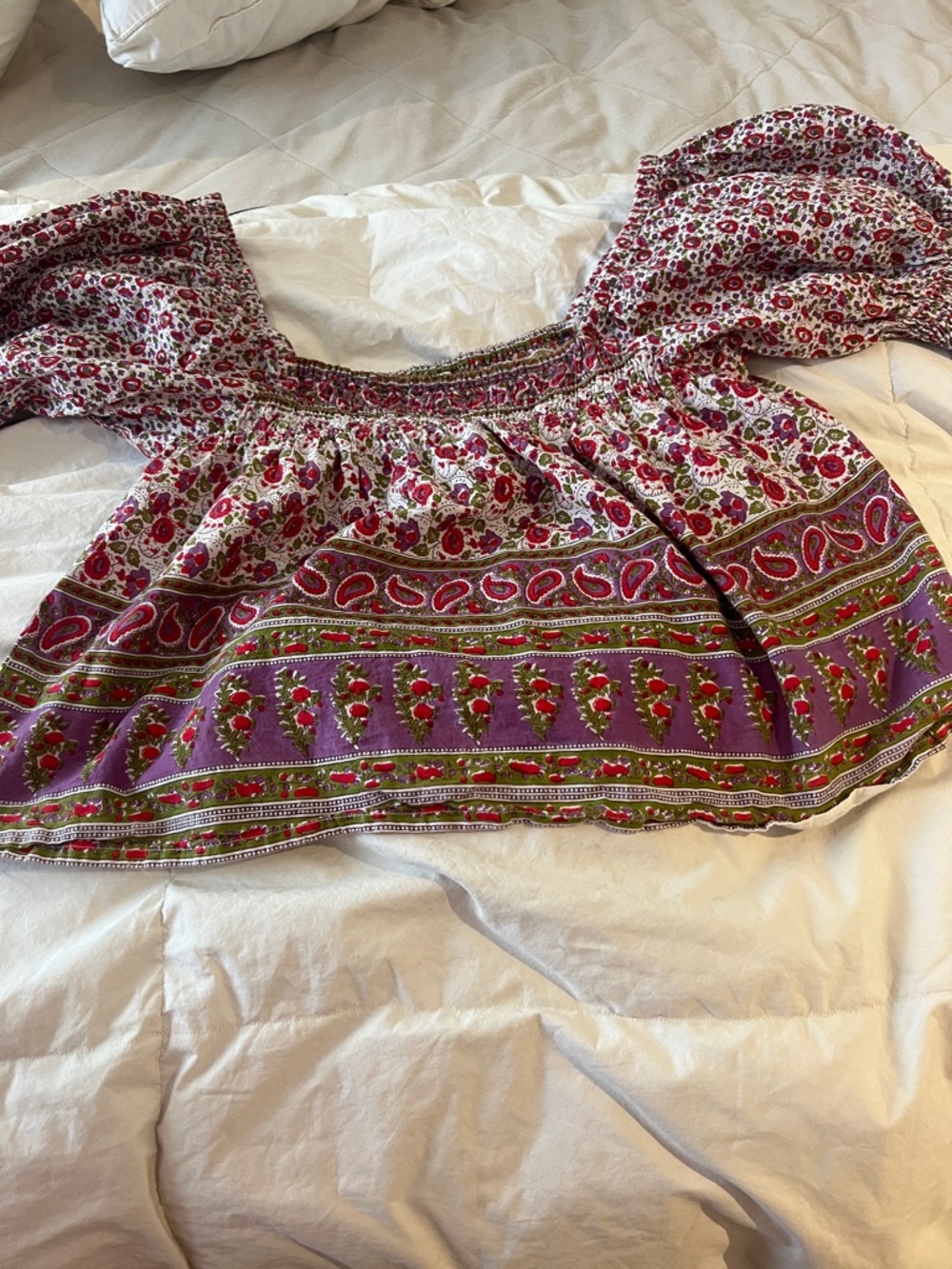 Smocked Off-Shoulder Floral Peasant Blouse - Purple & Pink